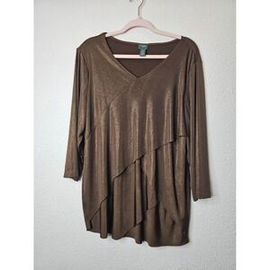 Chicos Travelers Bronze Metallic V-Neck Tiered Asymmetrical Top 3/4 Sleeve Sz 3